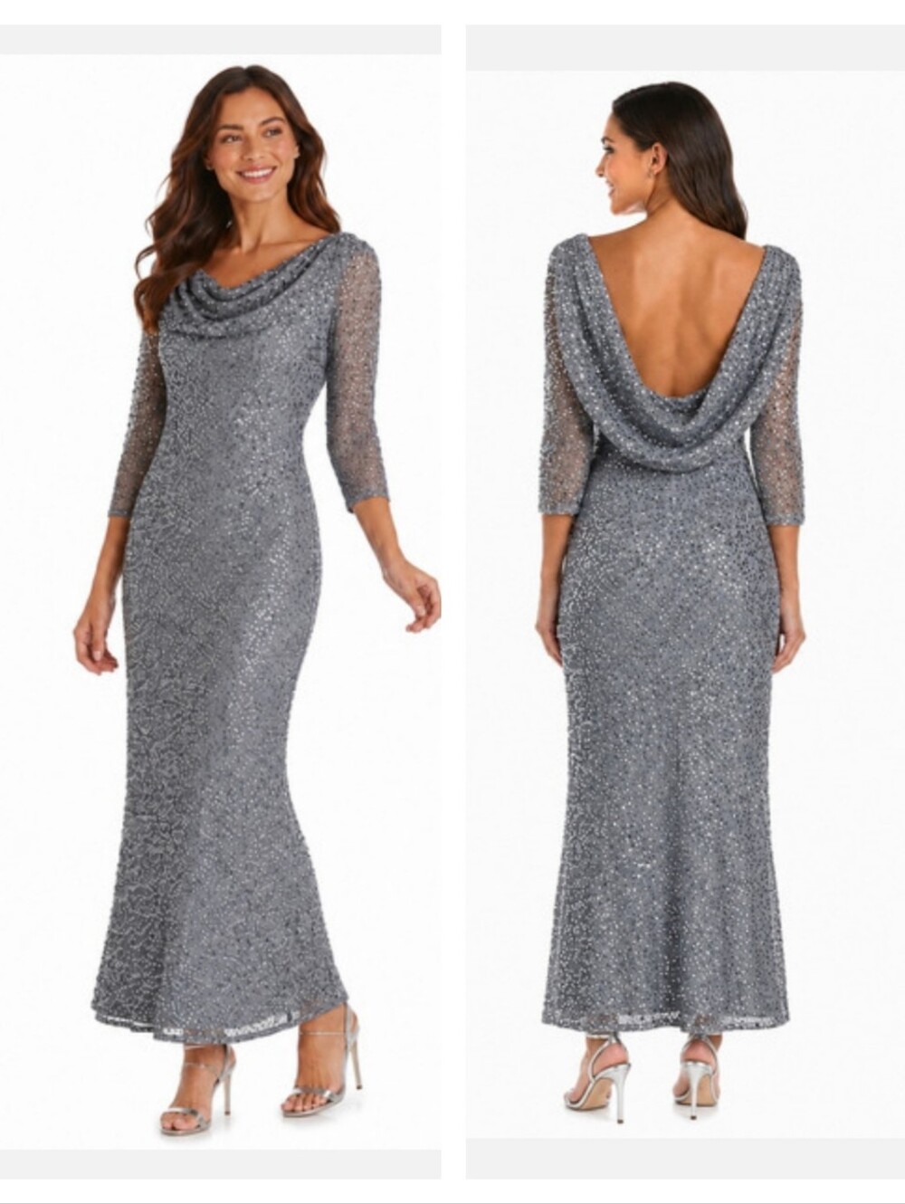 Pisarro Nights Formal Sequin Evening Dress Size 4P Blue Wedding Cocktail Party